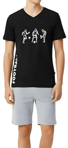Pyjama court pour garçon, jersey simple doux en 100 % coton et pantalon en forme de bermuda, avec motifs de football, Noir - Trois joueurs, 164