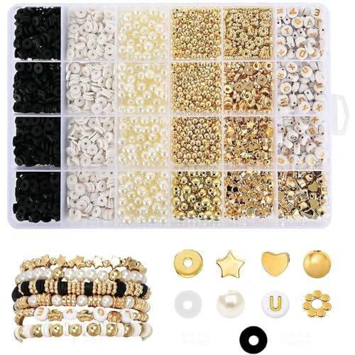 XoeLLe Pärlor för armband, 2580 stycken trädpärlor set bokstavspärlor lerpärlor gör färgglada gör-det-själv presenter jul födelsedagar halsband (svart)