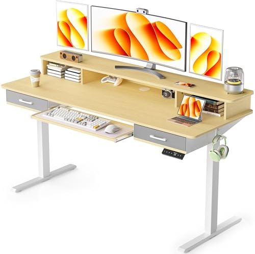 WALKINGDESK Electric Standing Desk with Keyboard Tray, 160 x 60 cm Height Adjustable Desk with 2 Drawers, Computer Desk with Storage Monitor Stand, Ergonomic Sit Stand Desk, Oak