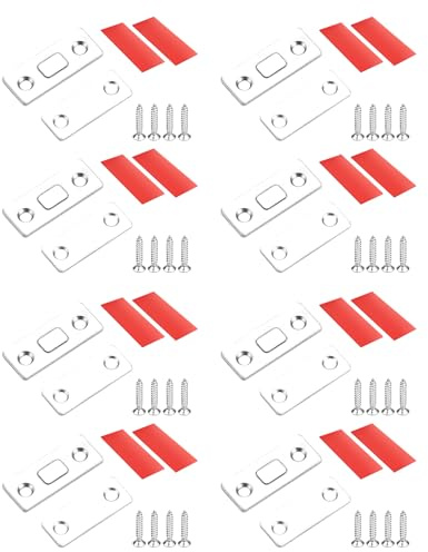 8 Pack Magnetic Door Catch, Cabinet Door Magnets Ultra Thin Cupboard Magnetic Door Catch Stainless Steel Cabinet Latches Self Adhesive Magnetic Strips for Kitchen Cupboard Sliding Closet Door Closing