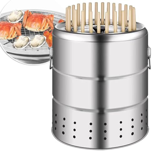 Griglia a carbone portatile senza fumo, design da appendere, a forma di barile, per barbecue all'aperto e viaggi