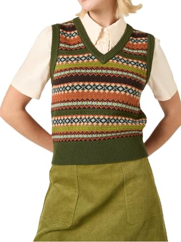 SANSIWU Women Vintage Embroidery Sleeveless Sweater Vest Cropped V Neck Stripes Geometric Patterns Knitted Tops Spring Fall Knitwear (A-Khaki, M)