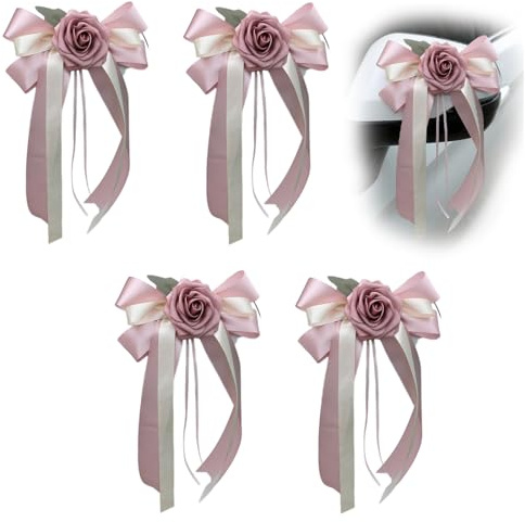 DIFLAX 4 Piezas Boda, Lazos Coche Boda, Lazos Adorno Coche Boda, Decoracion Coche Boda, Decoración Coche, Lazos Boda, Rosa Lazos Para Coche de Boda, Fiesta