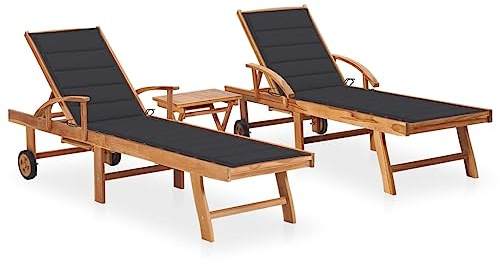 HaoChrymec Chaises Longues 2 Pièces avec Table, en Bois de Teck Massif, Transat Jardin Exterieur Réglable 3 Positions, Bains de Soleil avec Coussins Anthracite, pour Terrasse et Jardin, 195 x 59.5 cm