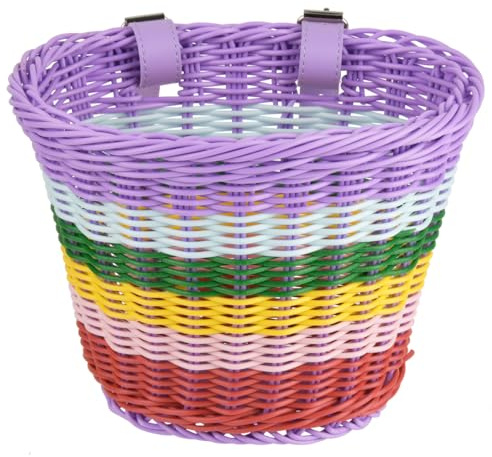 Bike Basket Front Rainbow, Woven Bicycle Basket for Handlebars Cycling Baskets Cute, Bike Accessories Scooter Basket Cycle Baskets with Leather Straps Adjustable for Bicycle Trike Scooter Balance Bike