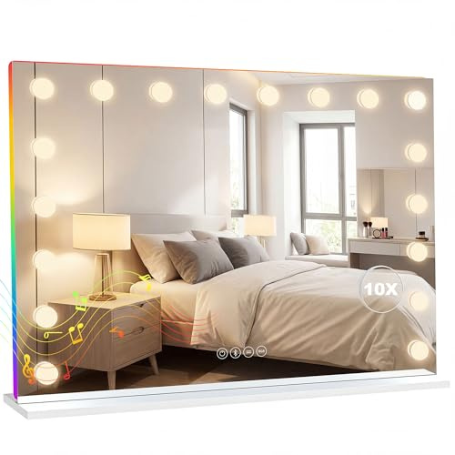 HOMCOM Hollywood-spegel med belysning, 80 x 60 cm, sminkspegel med 18 dimbara LED-lampor, 3 ljusfärger, RGB-ljus, Bluetooth, touch-brytare, bord/väggmontering, 10 x förstoring, vit