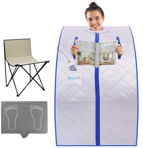 SereneLife Tente de sauna portable pour la maison – Sauna infrarouge intérieur pour une personne avec coussin chauffant pour pieds, chaise et télécommande – Personnel pour la relaxation et la