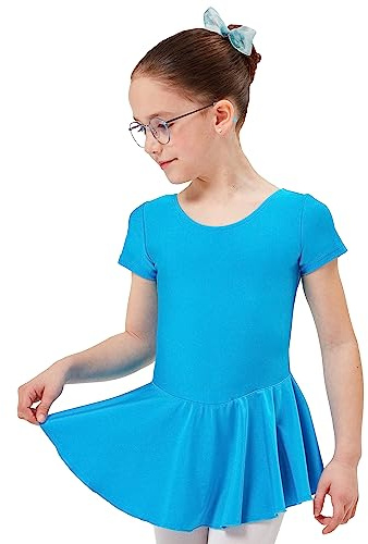 tanzmuster Kinder Kurzarm Ballett Trikot - Marina - mit Röckchen - glänzendes Lycra - Ballettkleid für Kinder petrol, Größe:128/134