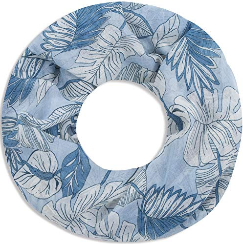Faera Damen Schal weich und leicht florales Muster aus Blättern und Blüten Loopschal Rundschal in verschiedenen Farben, SCHAL Farbe:Hellblau