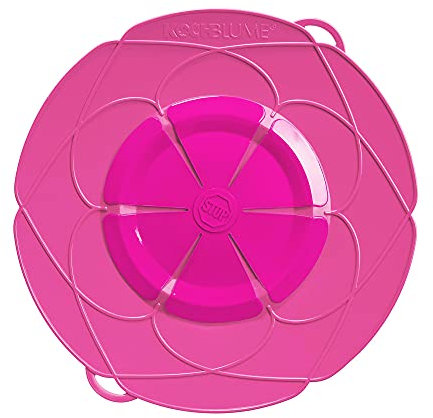 Kochblume the original, silicone boil over protection for pots and pans, microwave lid, splash guard and steam cooker attachment, set with zip pocket in the pink box., Pink, XL | Topfgröße 20-28cm
