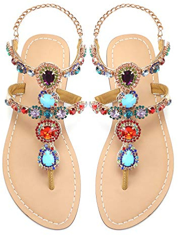 AIJIVOU Flip Flops for Women, Flat Gladiator Sandals Bohemia Toe Ring with Rhinestone Crystal Jeweled Sandal Shoes for Summer Beach Wedding Oceanside Holiday Outdoor (8 M US)