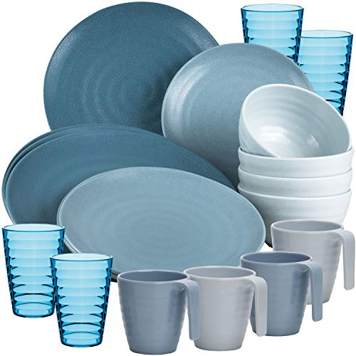 Service de table en mélamine - 20 pièces - Élégant aspect grès - Bleu - Avec gobelets - Pour 4 personnes - Vaisselle - Verre à eau - Verre à whisky - Vaisselle de camping - Pique-nique