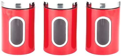Royal Cuisine Stainless Steel Round Canister Set Of 3 Clear Window and Multi Food Storage Jars (Red)