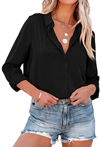 NONSAR Chemise élégante à Manches Longues et col relevé, Blouse pour Le Bureau, Haut décontracté, pour Femme(Noir,XL)