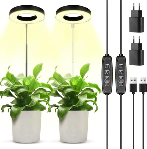 POWZOO Lampe pour Plante,Lampe de Croissance LED à Spectre Complet,9 Luminosité,Rotatif à 180°& avec Minuterie 3/9/12H,Réglable en Hauteur Lampe de culture,pour Petites Plantes.(2PCS)