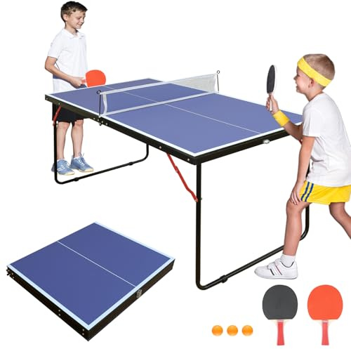 SculPong 4.5FT Ping Pong Table Foldable Table Tennis Table with Net, Table Tennis Paddles and Balls, MDF Multi-Use Family Game Table Assembly Free for Kid Child Teenager Adult, Small Compact Portable