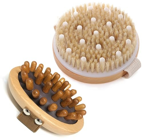 BoAn 2 Piece Shower Brush Set - Natural Wooden Massage Brush for Dry Skin, Lymphatic Drainage and Cellulite Care Body Brush for Exfoliating Body Scrubber and Cellulite Treatment
