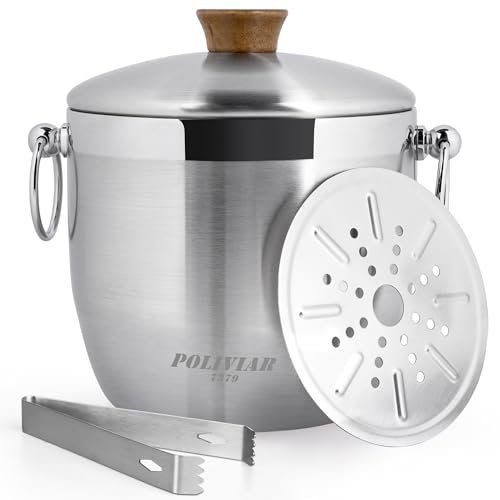 Poliviar 2,5L Edelstahl Eiswürfelbehälter- Eiskübel mit Deckel Zange und Abtropfsieb- Eisbehälter Doppelwandig Eiskübel für Eiswürfel- Party Eiskühler Perfekt für Bier Sekt Wein