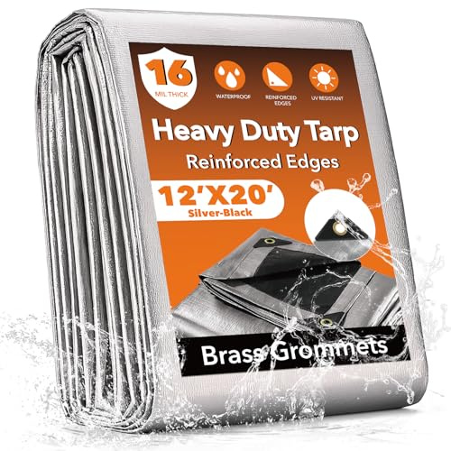 12x20FT Waterproof Tarp, Yumatum 16 Mil Heavy Duty Tarps with Reinforced Edges/Brass Grommets, 100% UV Blocking/Tear Resistant Poly Tarp for Camping, Patio, Tent, Boat(Silver/Black)