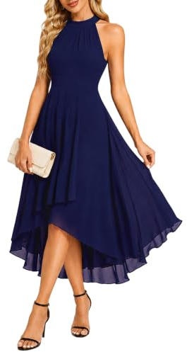 Ever-Pretty Robe Mariage Invitée Femme Épaules Dénudée Plissé High Low sans Manches Mousseline Ourlet Irrégulier Chic Bleu Marine 38