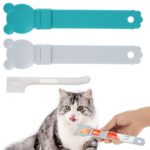 NQEUEPN 2pcs Cat Strip Feeders, Cute Cat Strip Squeeze Spoon with Canned Scoop Kitten Lickable Snack Spoon Versatile Cat Puree Spoon Innovative Cat Snack Strip Spoon for Dogs and Cats(Blue, Gray)