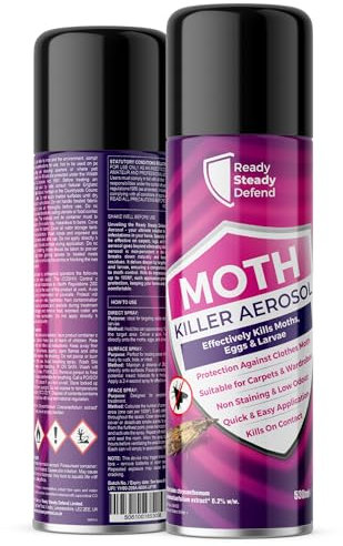 Clothes Moth Killer Aerosol Spray - 530ml, Effective for Carpets, Rugs & Wardrobes, Eliminates Moths, Eggs, and Larvae, Non-Staining & Low Odour, Quick & Easy Application, Ideal for Home Use