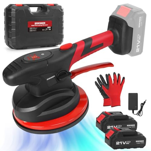 DEWINNER Strumento Di Vibrazione per Piastrelle - Ventosa Da 180 mm, Macchina per Piastrelle Elettrica a 6 Velocità Regolabile, Ventosa Vibrante per Piastrelle Da 0,3 a 2 M, Con 2 Batterie