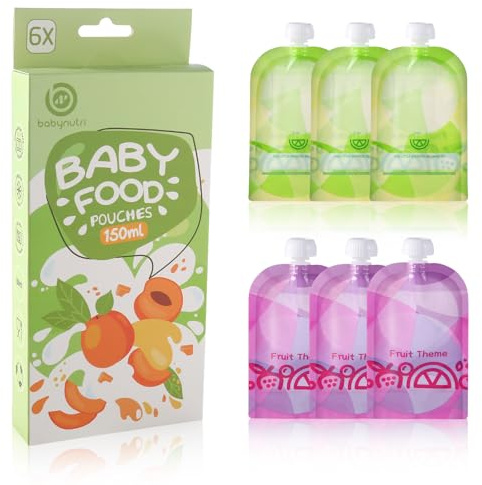 Babynutri Reusable Baby Food Pouches, 6 Pack 5oz / 150ml Squeeze Pouches for Homemade Baby Food, Purees, Smoothies & Yogurt, Refillable Food Storage Bags for On-the-Go Feeding, Daycare & Travel
