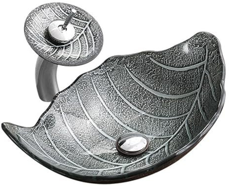 PRMTYUP Lavabo de Vidrio Templado, Lavabo artístico de Vidrio Templado para encimera, Lavabo de Mano con Forma de Hoja para encimera, con Grifo en Cascada,D