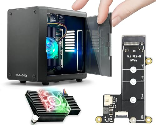 ElectroCookie Mini-PC-Gehäuse für Raspberry Pi 5 mit M.2 NVMe SSD PCIe HAT und aktivem RGB-Beleuchtungskühler (Schwarzes Gehäuse + M.2 HAT[X1001])