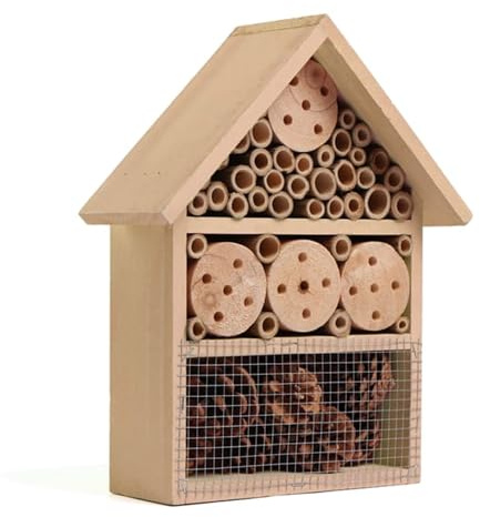rightclick Wooden Bee Butterfly & Insect Hotel, Wildlife Bee Insect Hotel House Garden Nest Shelter Box, Hanging House for Pollinator Bees, Ladybugs, Carpenter Bee (H30xW25xD10cm) (Natural, Small)