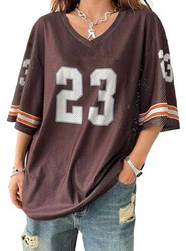 Cusghjbsg Women Basketball T-Shirt Summer Short Sleeve V Neck Number Print Loose Tops Oversized Jersey Baggy Pullover Shirt Streetwear (Chocolate M, L)