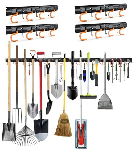 3-H Porte-Outils de Jardin Mural avec Crochets Amovibles 4x 42 cm, Support Outils de Jardin en Acier Massif pour Rangement Outils Jardinage, Crochet Mural Garage pour Remise Entrepôt Abri