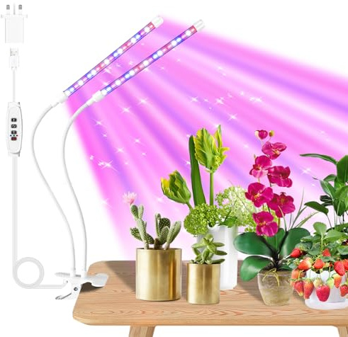 White LED Plant Grow Light: Full-Spectrum, 2-Head with Clips. Features Automatic on/Off Timer (6/12/16h), 3 Spectral Modes, 10-Level dimming. Flexible swan Neck Design, Ideal for Indoor Plant Growth.