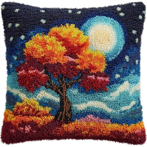 vista notturna Kit Chiusura a Gancio,Alberi delle quattro stagioni sotto il cielo stellato,federa stampata,fili per uncinetto per realizzare cuscini per la decorazione della casa e del divano,43x43cm