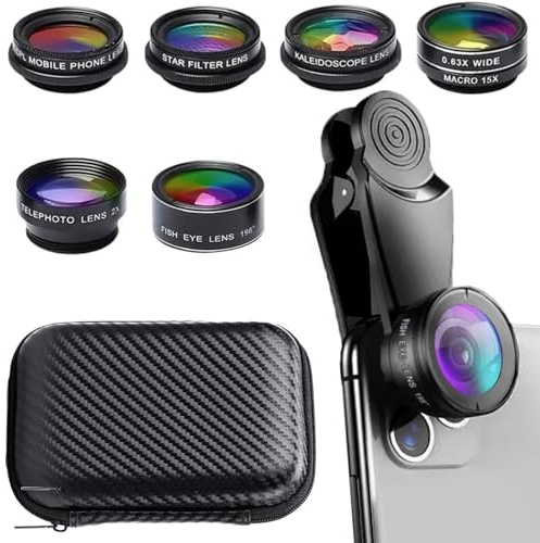 7 in1 Mobile Phone Camera Lens, Mobile Phone Lens Kit, Universal Clip, for iPhone, for Samsung, for Android Smartphone, On Wide Angle+Macro+ Fish Eye+Kaleidoscope+Star Filter+CPL Lens(Black)