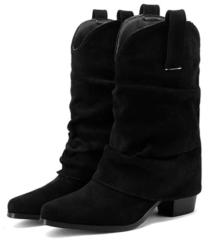 Alsoloveu Women's Fold Over Boots Mid Calf Slouchy Pointed Toe Chunky Boots