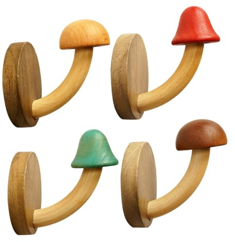 LALADEFIEE 4 piezas Gancho de Pared Setas de Madera Perchero Colgador Resistente para Ropa y Sombreros sin Perforaciones para Baño Cocina y Armario