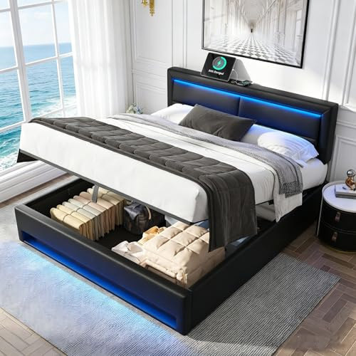 King Size Ottoman Bed Frame with Hydraulic Storage & Adjustable Headboard,5ft Upholstered Platform Bed Frame with LED & USB & Wireless Charging,Gas Lift Up Storage Bed with Slats,Black,PU,No Mattress
