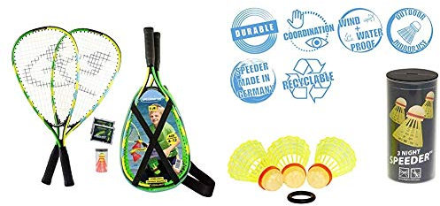 Speedminton® Junior Set – Original Speed Badminton/Crossminton Kinder Set inkl. 2 Fun Speeder®, Tasche Night Speeder - 3er Pack leuchtende Speed Badminton/Crossminton Bälle