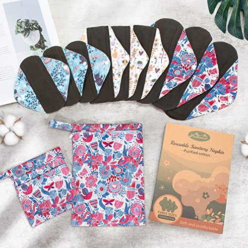 Viedouce Serviette Hygiénique Lavable,Lot de 9 Serviettes Hygiéniques Réutilisables,Serviette Hygiénique en Tissu,Protege Slip Lavable avec 2 étanches Sacs de rangement