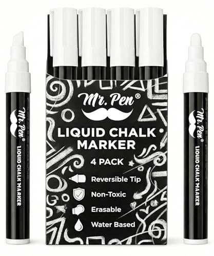 Mr. Pen- White Chalk Markers for Blackboard, 4 Pack, Reversible Tip, White Liquid Chalk Marker, Non-Toxic Liquid Chalkboard for Windows and Glass, Erasable Markers
