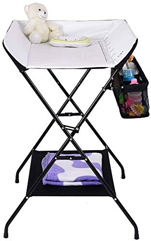 Mesa cambiador plegable y portátil, con almacenamiento, cinturón de seguridad, poco abundante y estable, mesa de pañales plegable para habitación de bebé ajustable en altura (negro y blanco)