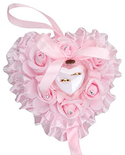 Surakey Hochzeit Ringkissen,Ehering-Kissen mit Satinband,Romantische Rosen Herzform Ringhalter, Ehering Box Spitze herzförmige Ring Inhaber Rose Ringkissen mit Band Perle Schaum Blumendekoration
