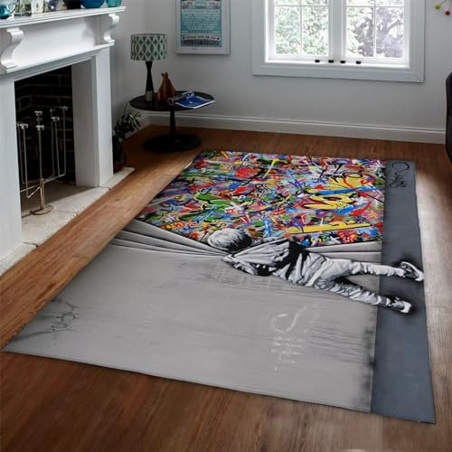 CIHCOHOME Banksy Graffit Bereich Teppiche Kleiner Junge Öffnen Sie die Vorhänge Teppiche Graffiti Wandmuster Bodenteppich Gemütliche rutschfeste Wohnkultur für Kinder 140x200cm