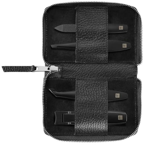 ZWILLING Maniküre-Set (4 teilig, Echtleder Etui, Druckknopfverschluss, Reiseset, mit Nagelknipser und Nagelhautschneider), Premium, Black Edition