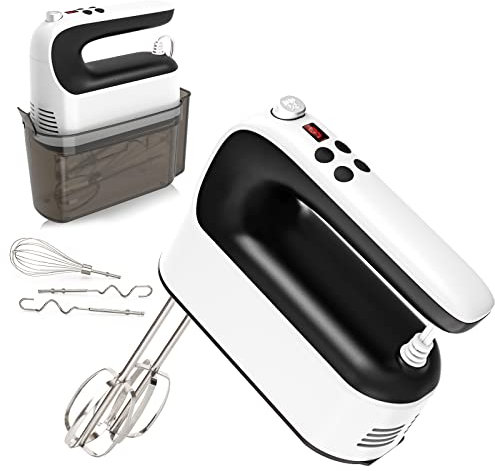 Yomelo Digital Hand Mixer, Electric Whisk, Hand Whisk Electric with 9 Speeds, Snap-On Storage Case, Touch Button, Turbo Boost, 5x Stainless Steel Accessories (White)