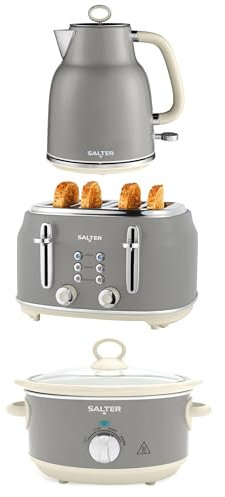 Salter Retro Kettle, Toaster & Slow Cooker Set – 4-Slice Toaster, 6 Browning Levels, 1.7L Rapid Boil Kettle, 3.5L Electric Slow Cooker, Dishwasher Safe Ceramic Pot, 3 Heat Settings, Grey, COMBO-9506