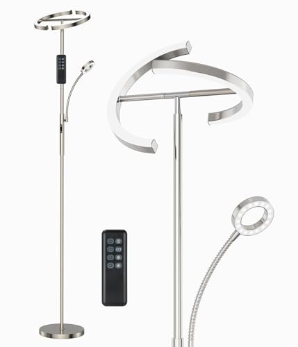 ANTENLICHT Stehlampe Dimmbar LED | Silber-Stehleuchte 20W mit flexibler 7W Leselampe | Modern deckenfluter mit fernbedienung mit 4 Farbtemperatur für Wohnzimmer, Schlafzimmer, Büro, Hotel