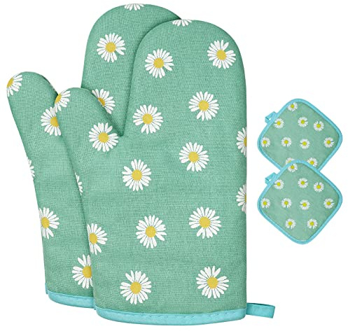 AUAUY 1 Par Manoplas Horno, Algodón Antideslizante Cotton Guantes Cocina, Oven Gloves Resistente al Calor para Hornear Cocinar Barbacoa Microondas con 2 Manteles Aislados(Verde)